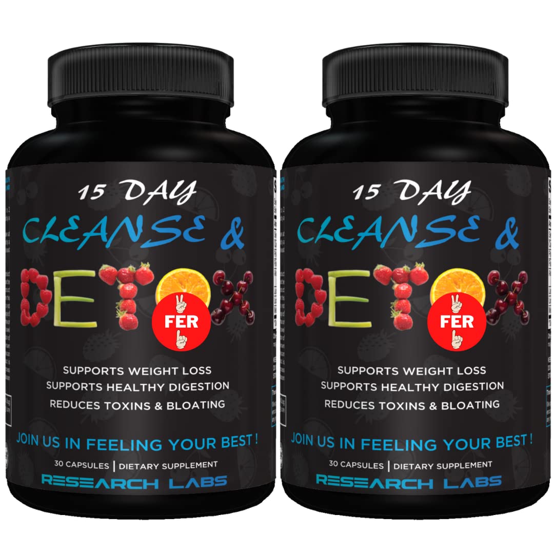 Research Labs 15 Day Colon Cleanse & Detox for Less Bloat Flat Tummy w/Probiotics - 2 Fer 1 - Constipation Relief - Flushes Toxins, Boosts Energy.