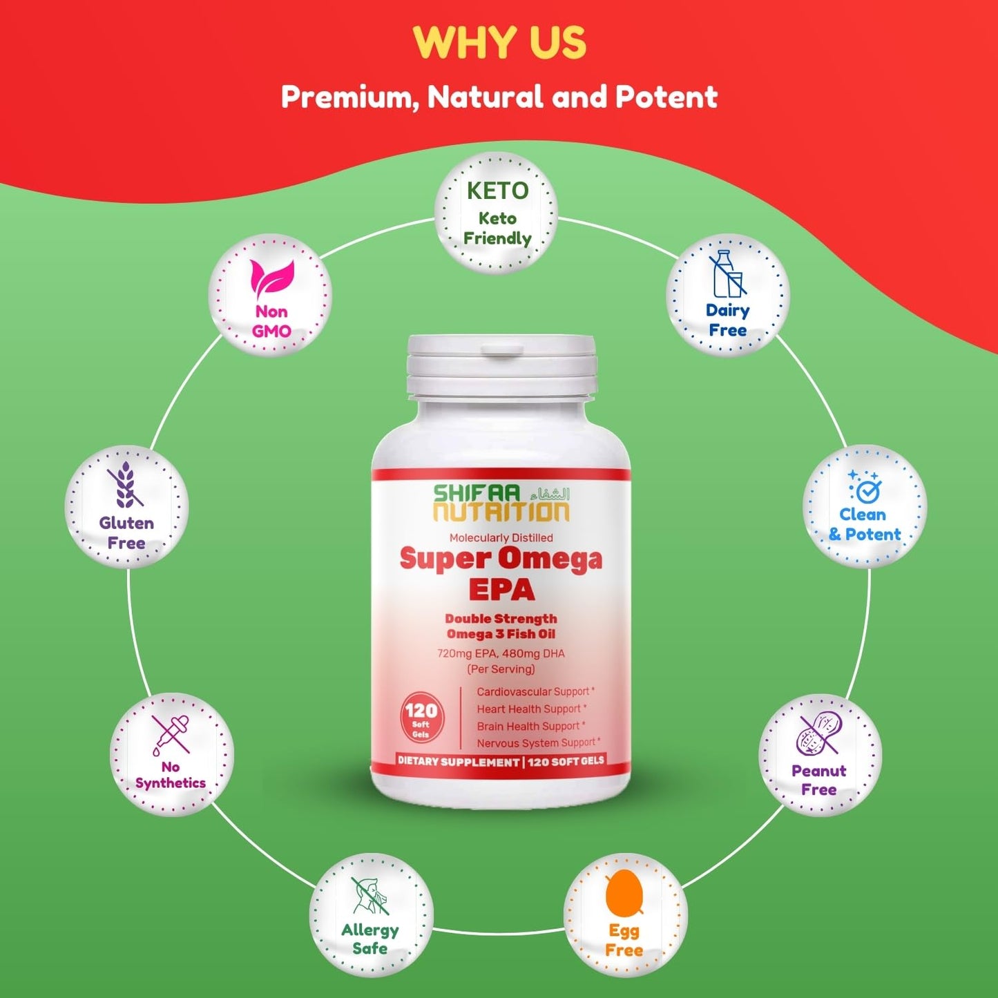 SHIFAA NUTRITION Halal Fish Oil Softgels 120 Ct, Double Strength - Halal Omega 3 Fish Oil Supplements. Wild Caught, Non-GMO & Purified