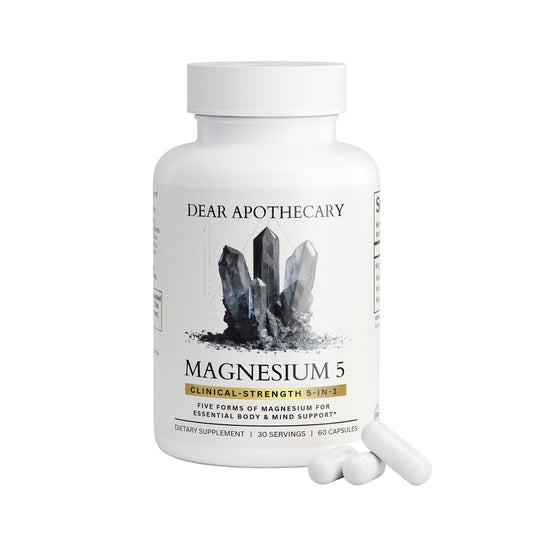 Supplement bottle labeled 'Dear Apothecary Magnesium 5' on a white background