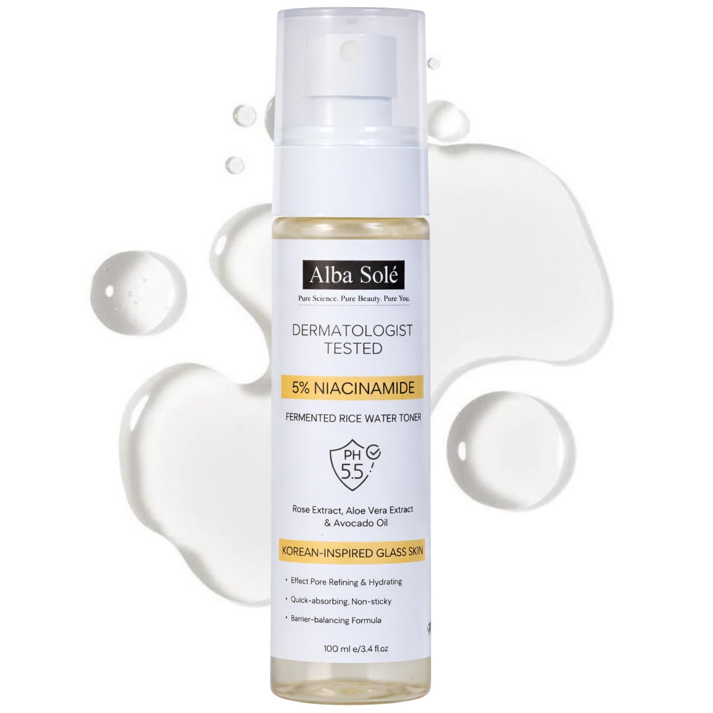 Alba Solé 5% Niacinamide Face Toner with Fermented Rice Water | pH 5.5 Balancing Toner | Hydrates, Refines Pores & Brightens for Glass Skin