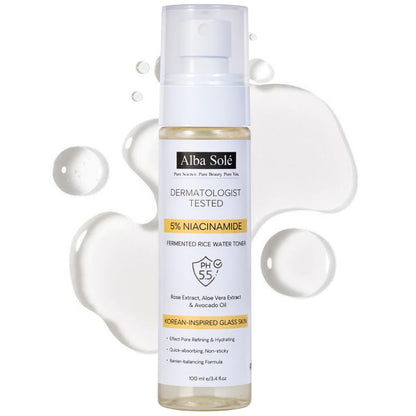 Alba Solé 5% Niacinamide Face Toner with Fermented Rice Water | pH 5.5 Balancing Toner | Hydrates, Refines Pores & Brightens for Glass Skin