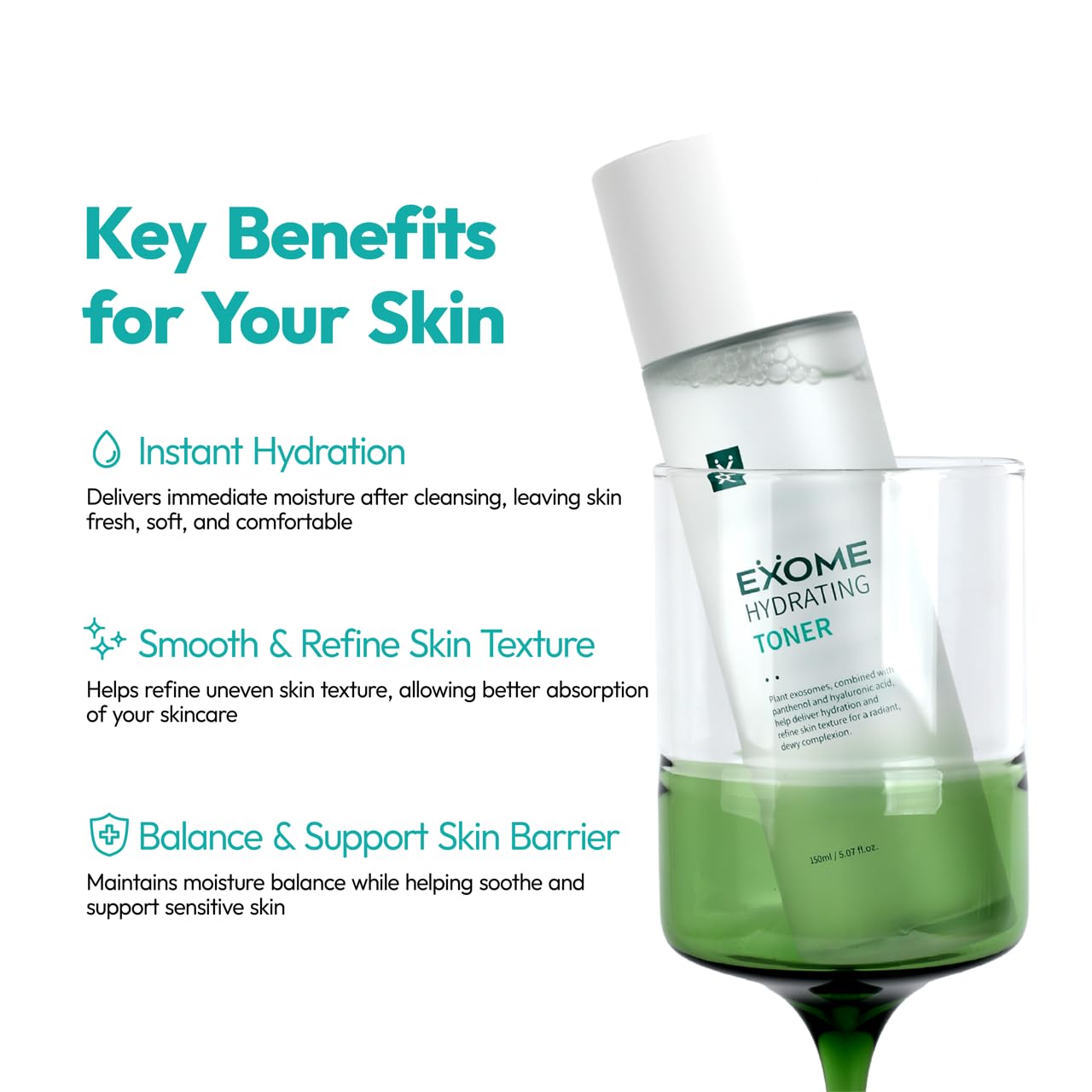 Exome Hydrating Toner, Greenery Aqua Base Starter for Glow Skin, Resveratrol Protective Barrier & 9-Peptide Complex for Elasticity & Wrinkle Care