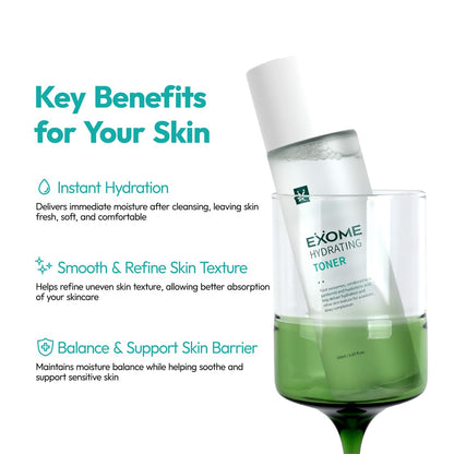 Exome Hydrating Toner, Greenery Aqua Base Starter for Glow Skin, Resveratrol Protective Barrier & 9-Peptide Complex for Elasticity & Wrinkle Care