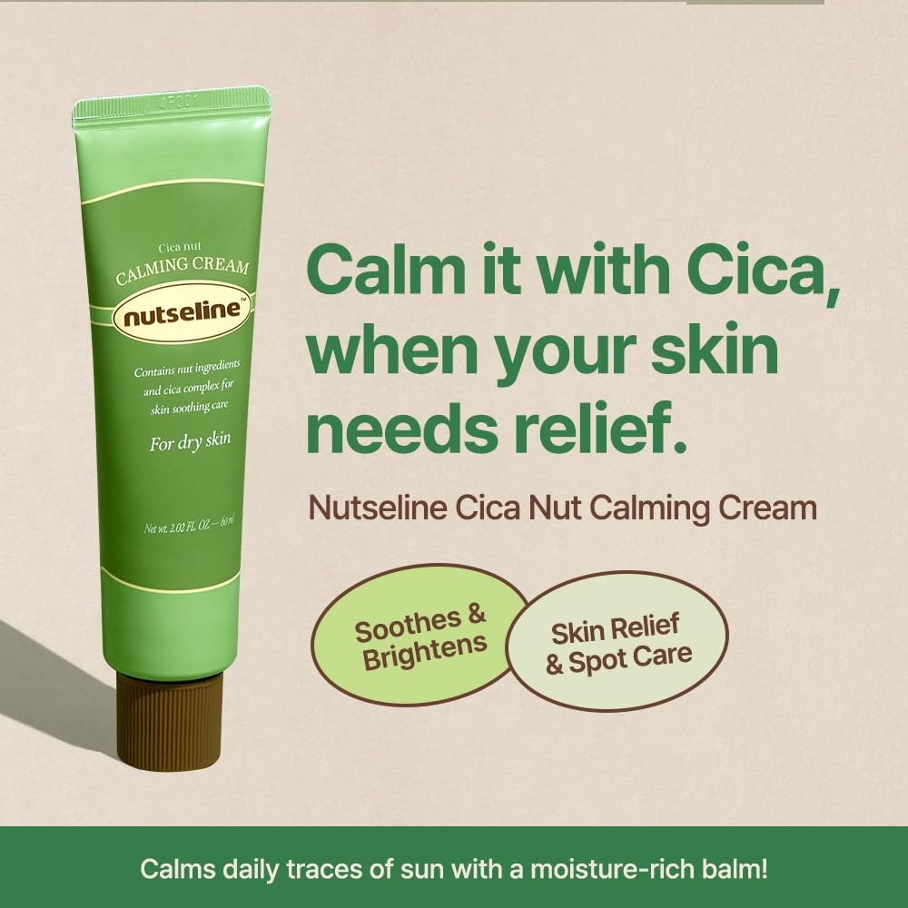 nutseline Cica Nut Calming Cream -Korean Skin Care 60ml – Moisturizing & Soothing Cooling Cream, Niacinamide 3%, Centella for Redness Relief,