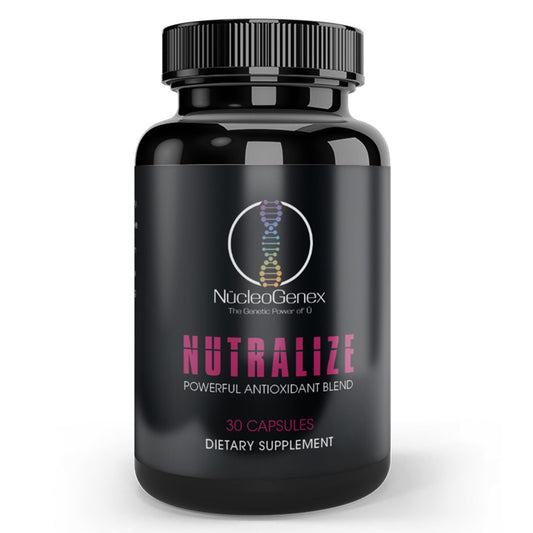 Black supplement bottle labeled 'Nutralize' by NucleoGenex on a white background