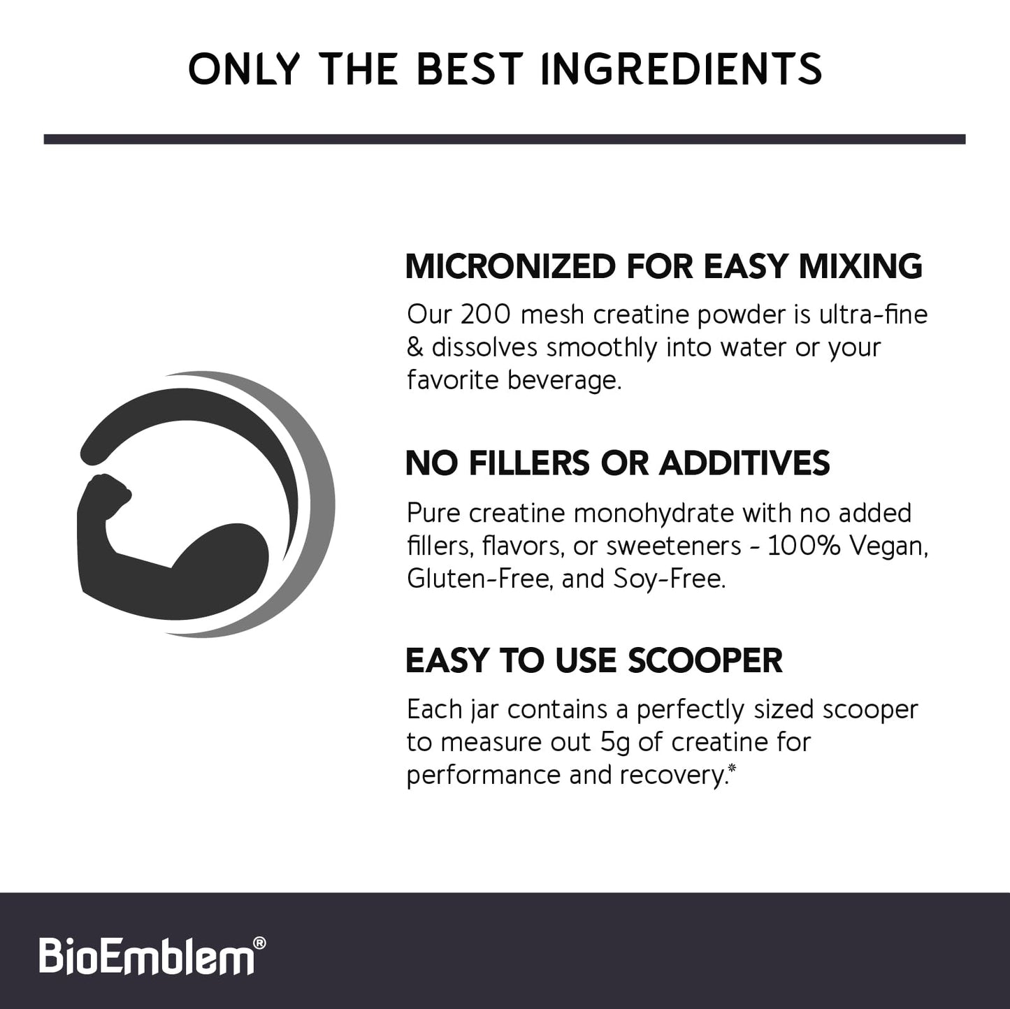 BioEmblem Creatine Monohydrate Powder - Unflavored Micronized Creatine Easily Mixes - Muscle Strength, Workout Recovery, Exercise Performance -