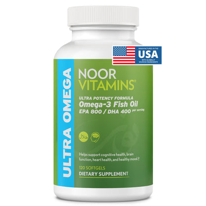 Noor Vitamins Halal Fish Oil, Halal Vitamins, Ultra Omega 3 Wild Peruvian Fish (800 mg EPA & 400 mg DHA) Heart