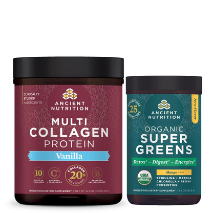 Two Ancient Nutrition protein powder containers, one for multi collagen protein and the other for organic super greens, on a white background.