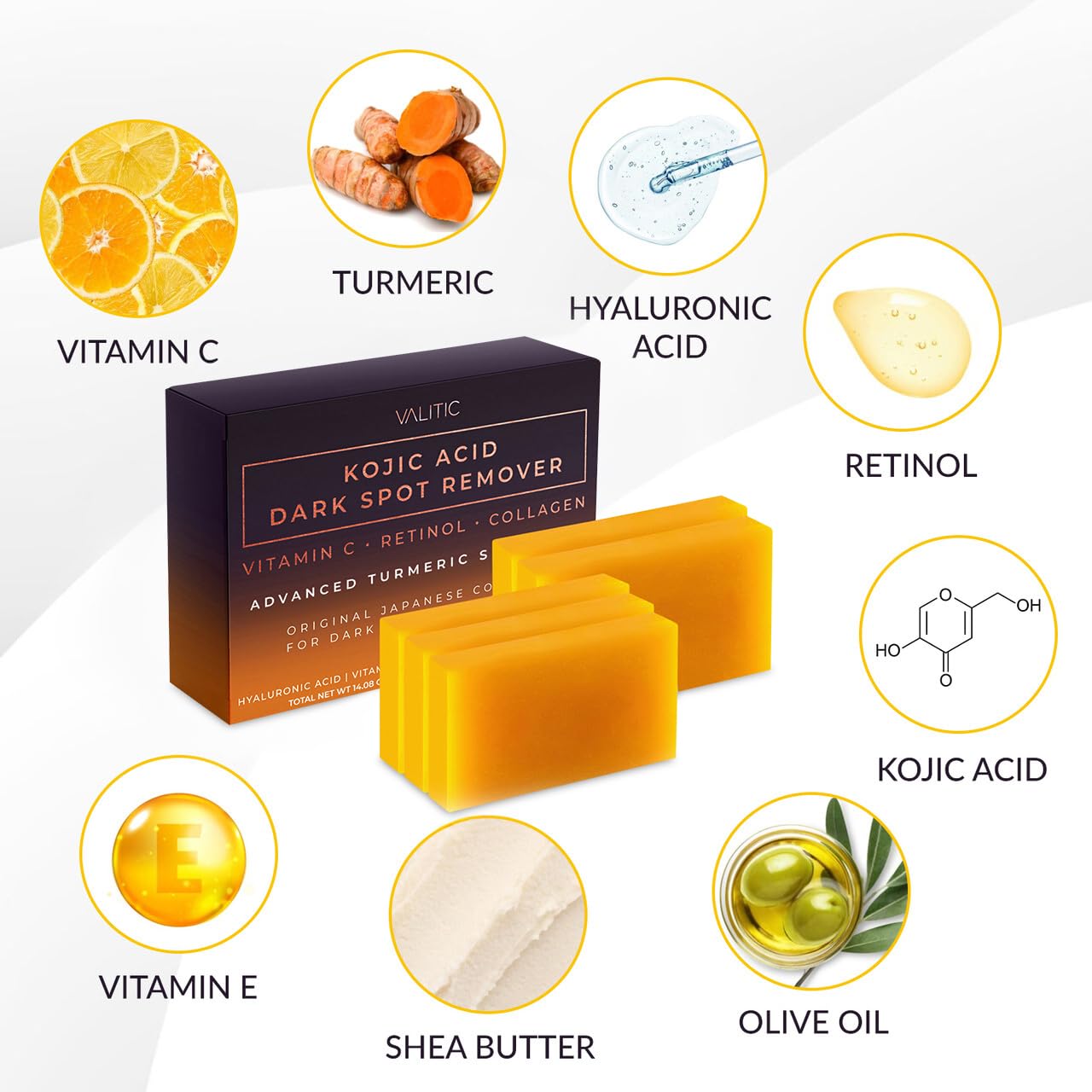 VALITIC Kojic Acid Dark Spot Remover Soap Bars with Vitamin C, Retinol, Collagen, Turmeric - Original Japanese Complex Infused with Hyaluronic Acid,