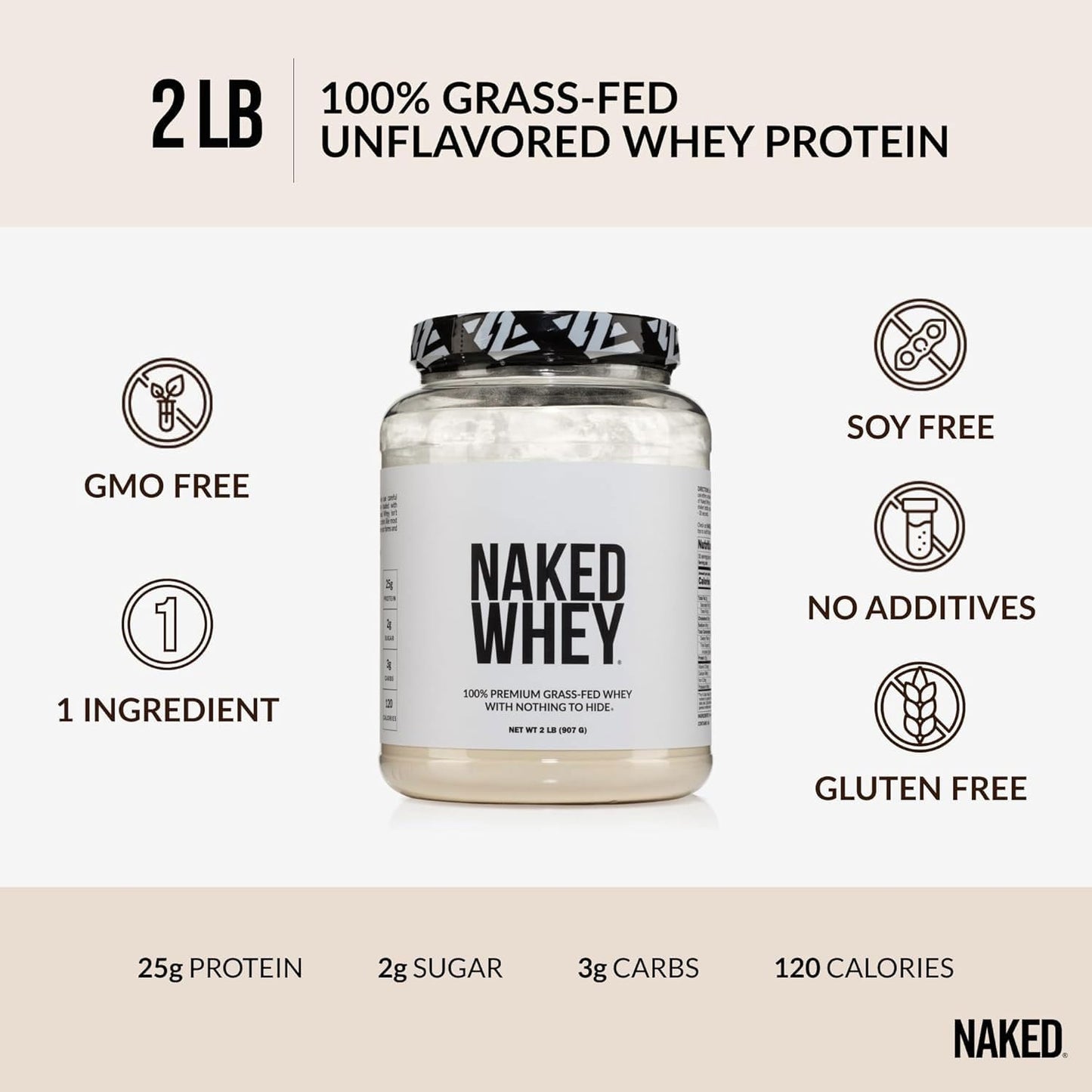 NAKED Whey 2LB 100% Grass Fed Whey Protein Powder - Only 1 Ingredient, Unflavored Whey Protein, NSF Certified, Undenatured, Gluten Free,