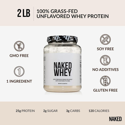 NAKED Whey 2LB 100% Grass Fed Whey Protein Powder - Only 1 Ingredient, Unflavored Whey Protein, NSF Certified, Undenatured, Gluten Free,