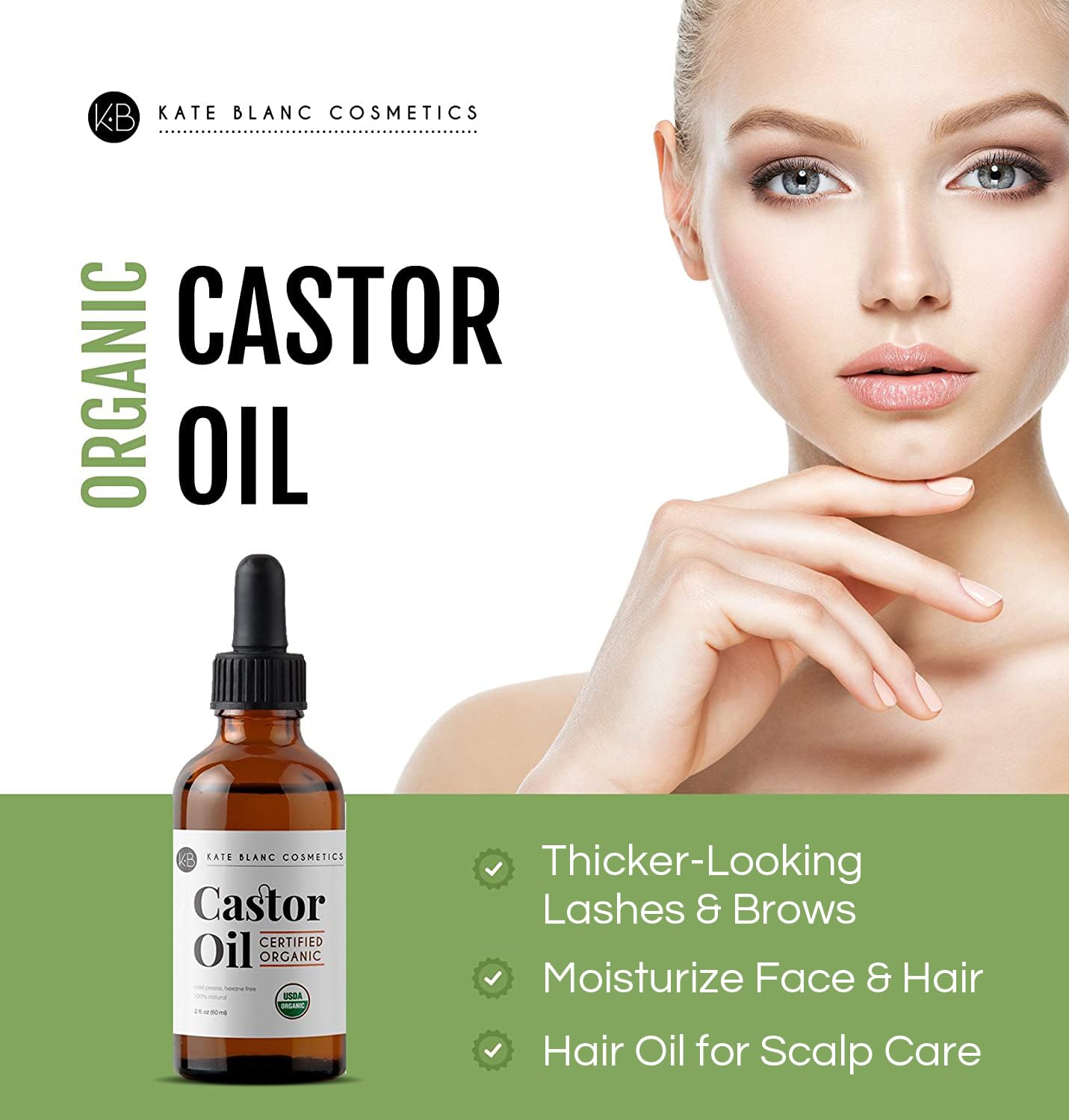 Kate Blanc Cosmetics Castor Oil Organic for Hair, Lashes, Face, Skin (2oz), 100% Pure, Cold Pressed, Hexane Free Hair Oil.