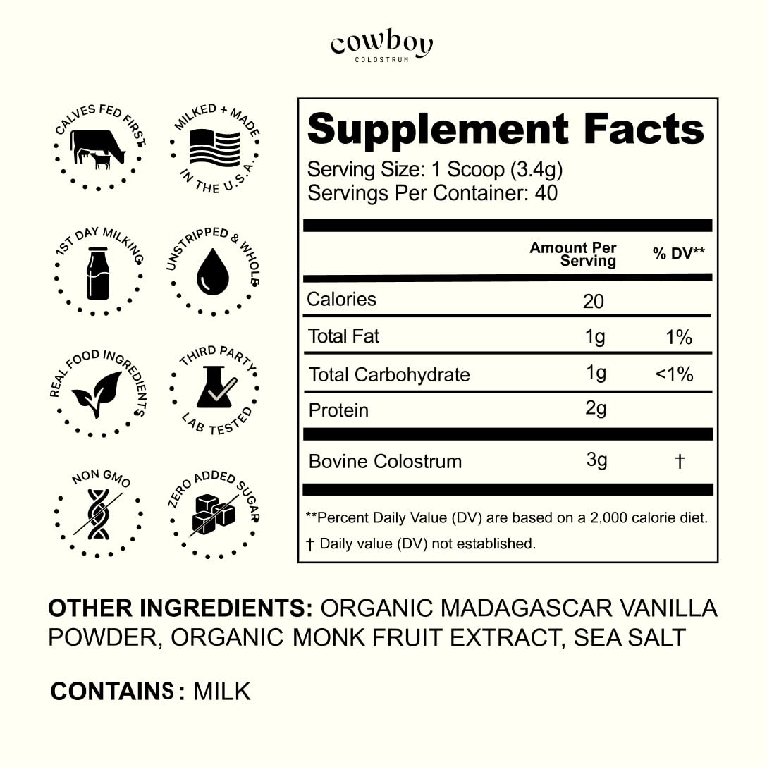 Cowboy - The Exclusive 1st Milking, Whole, Grass Fed Colostrum Supplement for Full Body Health - Bovine Colostrum Powder Packed w/Bioactive Nutrients