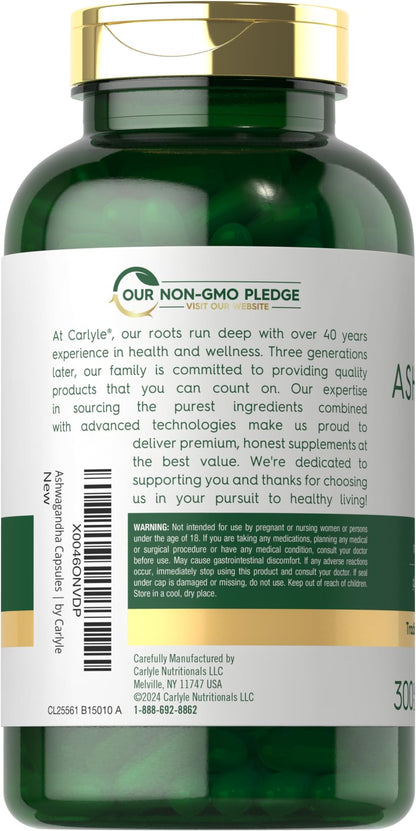 Carlyle Ashwagandha Supplement for Women and Men | 300 Capsules | Herb Root Extract with Black Pepper | Non-GMO and Gluten Free