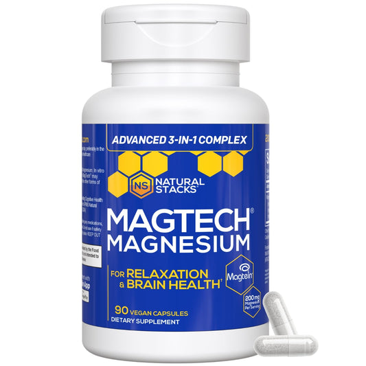 Supplement bottle labeled 'Magtech Magnesium' by Natural Stacks on a white background