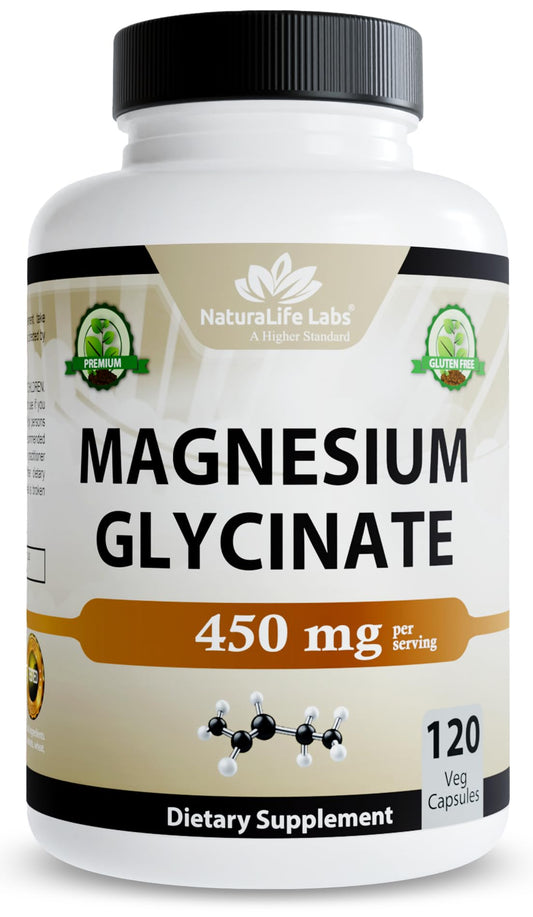 NaturaLife Labs Magnesium Glycinate - 450 mg per Serving – 120 Vegan Capsules - Non-GMO, Gluten-Free, Vegan