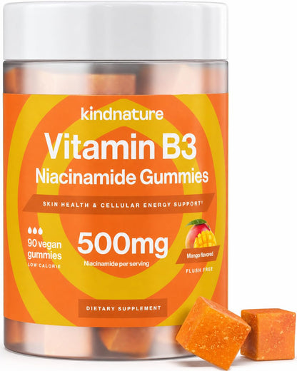 kindnature Vitamin B3 Niacinamide Gummies 500mg – Flush-Free Niacin Supplement – Supports Skin, Energy & Nervous System Wellness – Vegan, Non-GMO