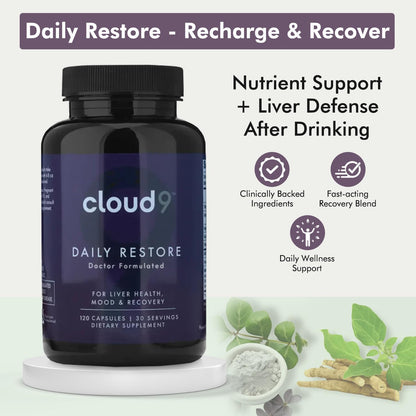 Cloud9 Daily Restore – Liver Detox & Recovery Supplement with Milk Thistle, NAC & B-Vitamins – Energy, Focus & Nutrient Support