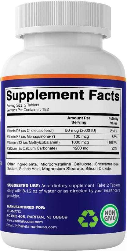 Vitamatic Calcium Supplement 1200mg with D3, K2 & B12, Immune & Bone Health Support - 365 Coated Tablets