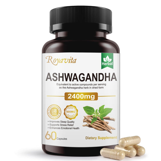 Royavita Ashwagandha Supplements 2400mg Organic with Black Pepper Vitamin B12 & B6 for Max Absorption Stress Relief Athletic