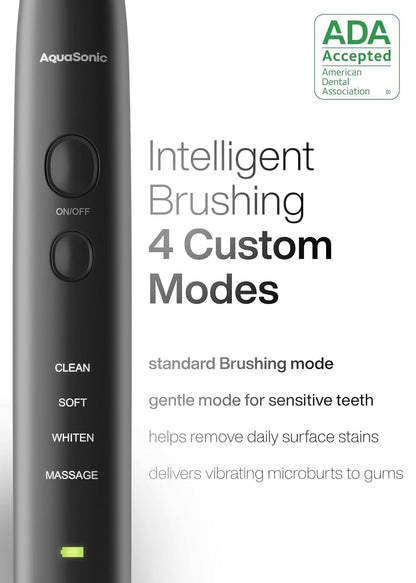 Aquasonic Black Series Ultra Whitening Toothbrush – ADA Accepted Electric Toothbrush- 8 Brush Heads & Travel Case – 40,000 VPM Electric Motor & Wireless
