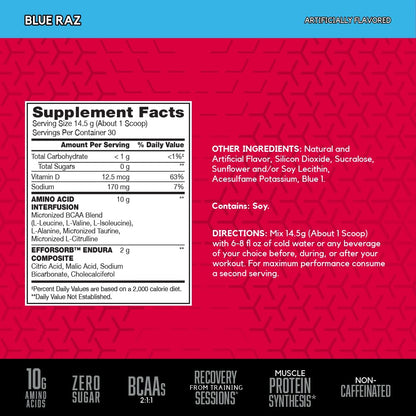 BSN Amino X Muscle Recovery & Endurance Powder with BCAAs, 10 Grams of Amino Acids, Keto Friendly, Caffeine-Free, Support Endurance, Zero Sugar, Blue Raz,