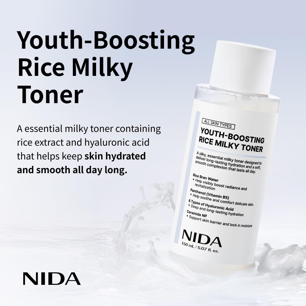 NIDA Youth-boosting Rice Milky Toner, for Glass Skin | Rice Bran Extract, Niacinamide, Ceramide NP, Panthenol | Deep Moisturizing, Hydrating and Refreshing