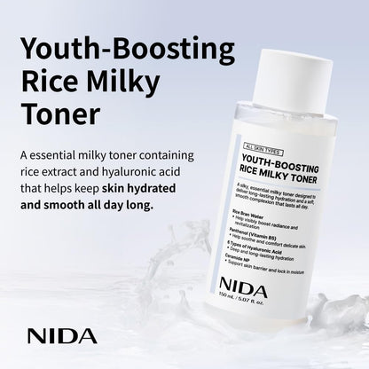 NIDA Youth-boosting Rice Milky Toner, for Glass Skin | Rice Bran Extract, Niacinamide, Ceramide NP, Panthenol | Deep Moisturizing, Hydrating and Refreshing