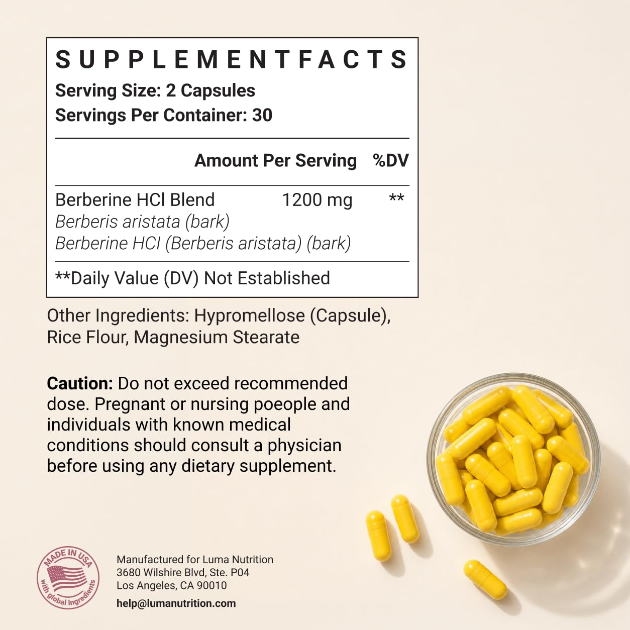 Luma Nutrition Berberine Supplement - HCL 1200mg Per Serving - 97% HCl - Vegan, Gluten Free - 60 Capsules