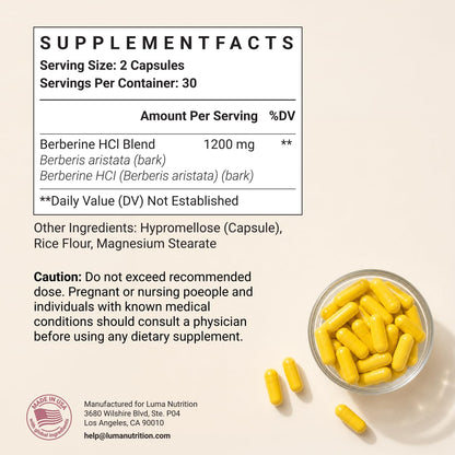 Luma Nutrition Berberine Supplement - HCL 1200mg Per Serving - 97% HCl - Vegan, Gluten Free - 60 Capsules