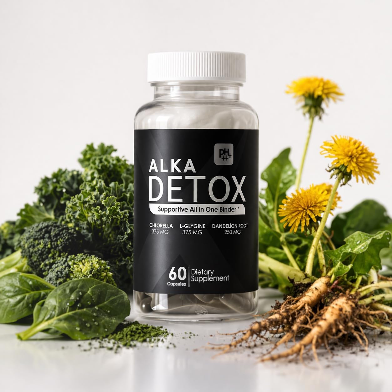 AlkaDetox Binder Tablet with Fiber chlorella/Chlorophyll, Liver & Gut Detox Cleanse, Colon and Toxin Flush. glycine and Dandelion