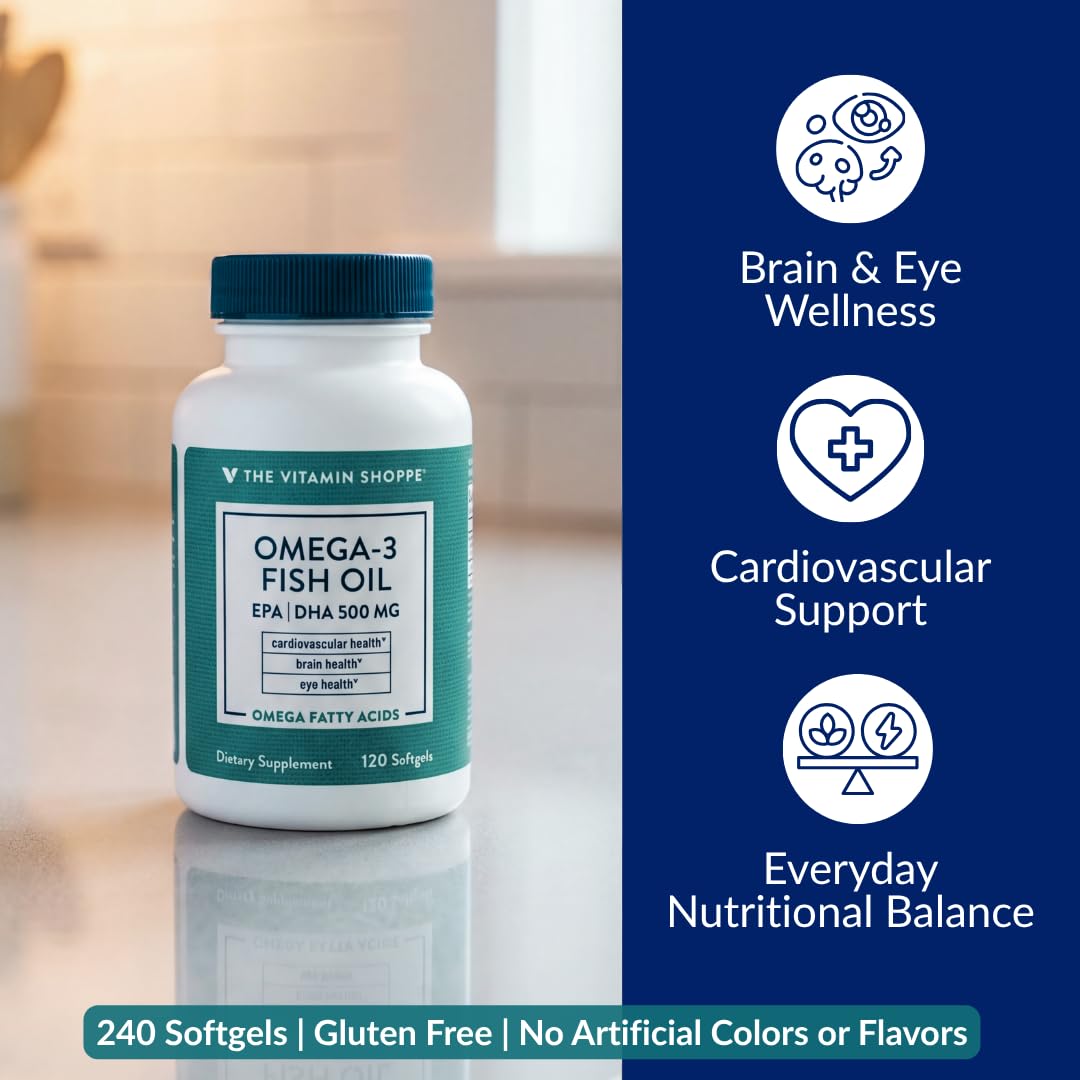 The Vitamin Shoppe Brand Omega 3 Fish Oil 1000mg with EPA DHA 500mg, Cardiovascular, Brain & Eye Health Support for Men and Women, Sourced from Anchovy,