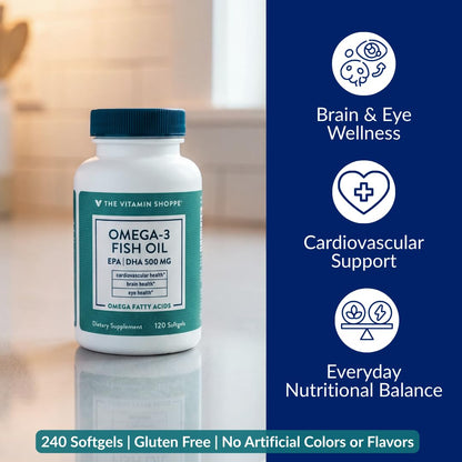 The Vitamin Shoppe Brand Omega 3 Fish Oil 1000mg with EPA DHA 500mg, Cardiovascular, Brain & Eye Health Support for Men and Women, Sourced from Anchovy,