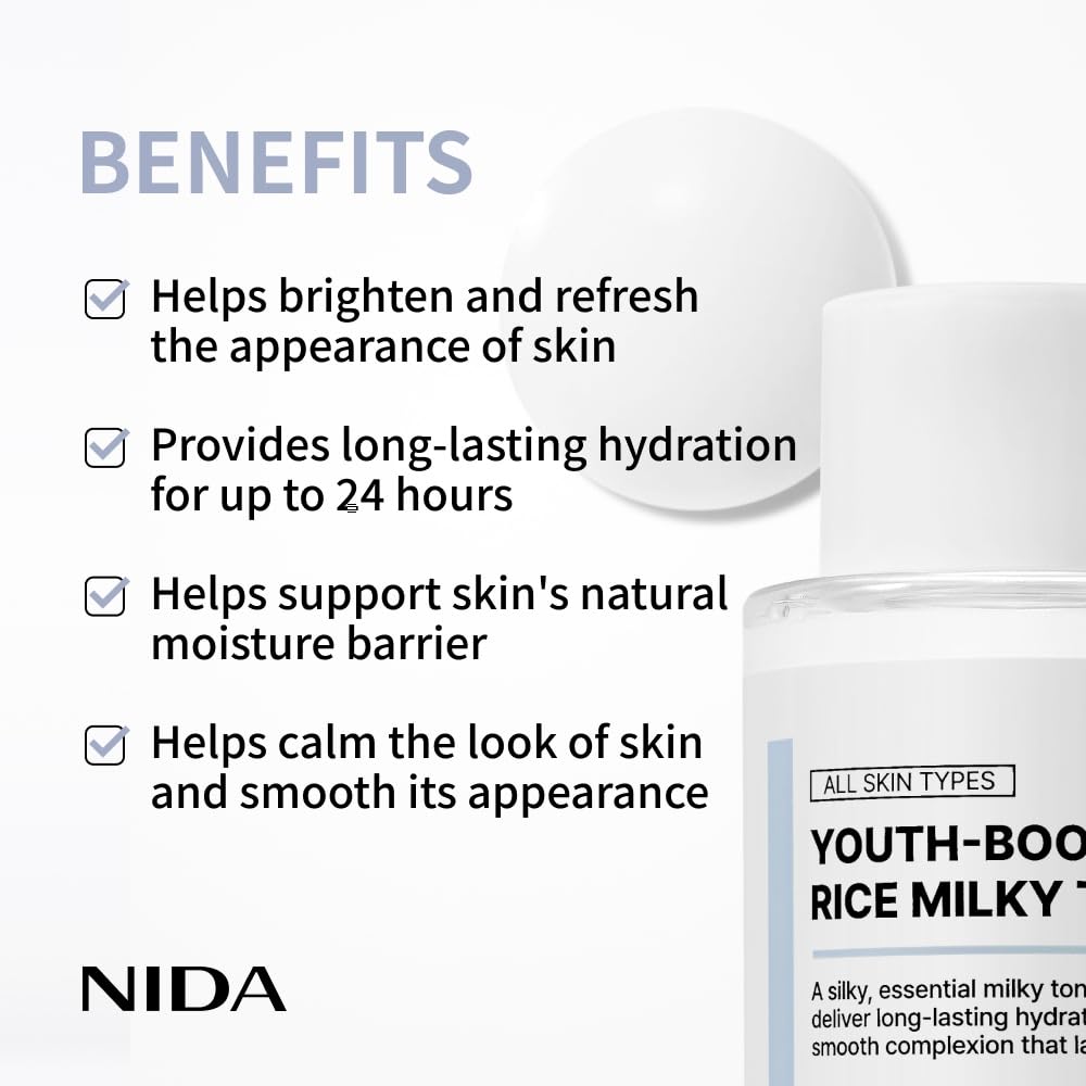 NIDA Youth-boosting Rice Milky Toner, for Glass Skin | Rice Bran Extract, Niacinamide, Ceramide NP, Panthenol | Deep Moisturizing, Hydrating and Refreshing