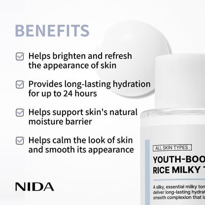 NIDA Youth-boosting Rice Milky Toner, for Glass Skin | Rice Bran Extract, Niacinamide, Ceramide NP, Panthenol | Deep Moisturizing, Hydrating and Refreshing
