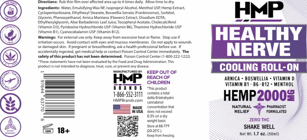 HMP Nerve Roll-On for Feet, Hands, Legs, Toes, Back 2000MG Hemp with Menthol & Arnica, Soothing Cooling Formula, Made in USA, 50ml (1 Pack) HMP BRANDSBuy Supplements Australia