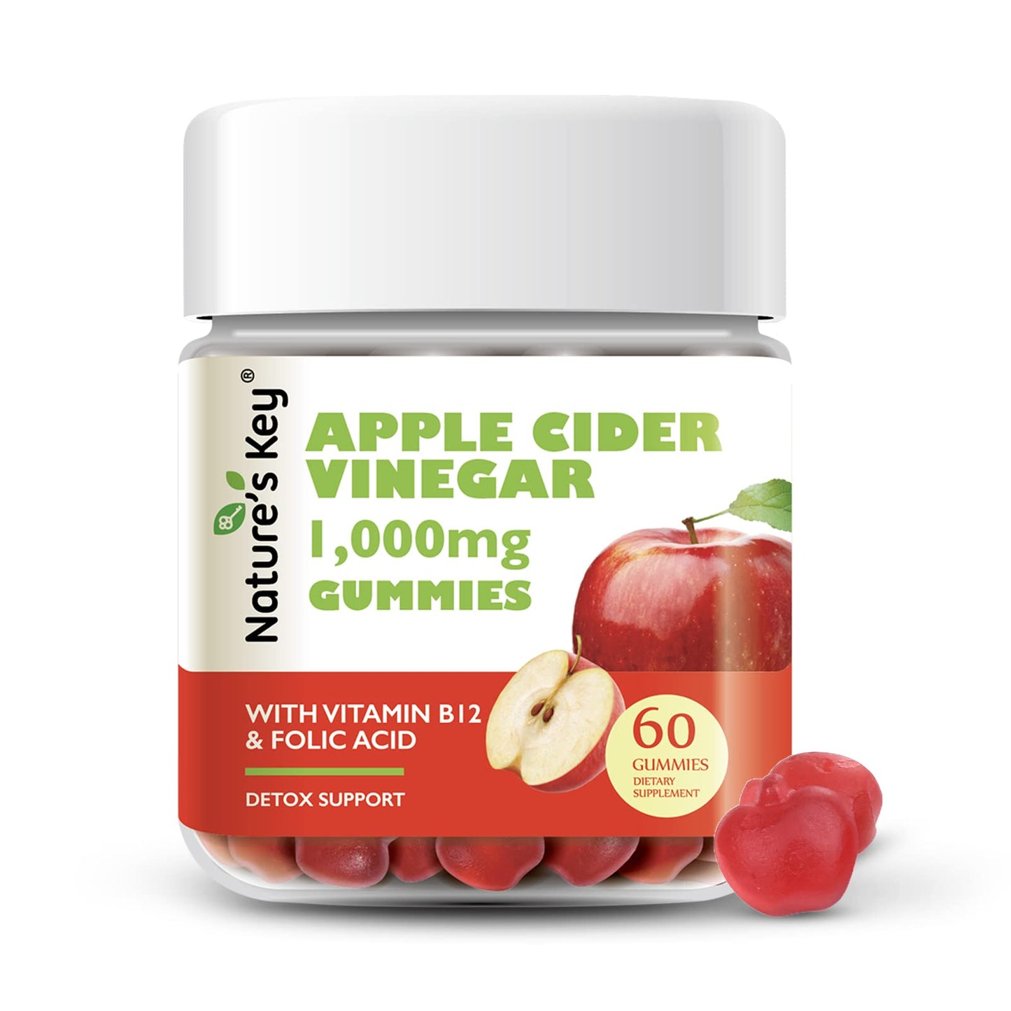 Nature's Key Apple Cider Vinegar Gummies -1000mg 60 Count,  Digestion, Natural Detox & Cleanse | Vegan, Non-GMO, Gluten Free