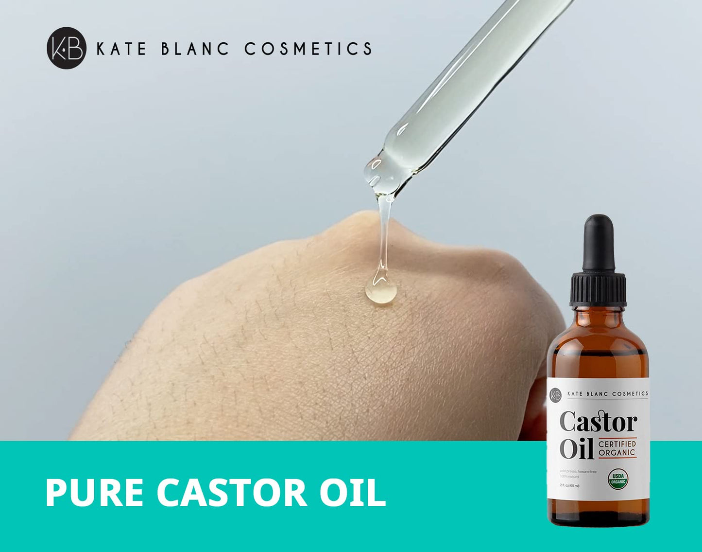 Kate Blanc Cosmetics Castor Oil Organic for Hair, Lashes, Face, Skin (2oz), 100% Pure, Cold Pressed, Hexane Free Hair Oil.