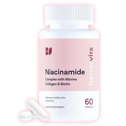 Bettervits Niacinamide Supplement with Vitamin B3, Marine Collagen & Hyaluronic Acid | High-Strength Vitamin B3 Capsules 300 mg. with Turmeric for Energy Metabolism