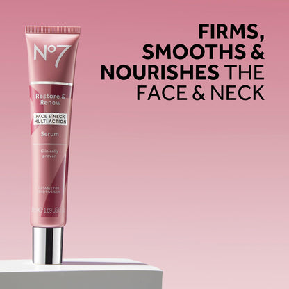No7 Restore & Renew Multi Action Serum for Face & Neck - Anti Aging Serum for Neck Firming and Tightening - Infused with Hydrating Collagen Peptides