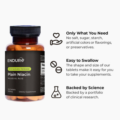 Endur Plain Niacin (Nicotinic Acid), Heart Health & Healthy Cholesterol Balance Supplement, Immediate-Release Formula, Gluten Free,