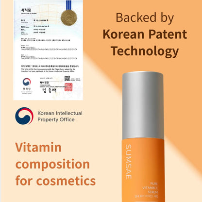 SUMSAE Pure Vitamin C Serum - Korean Skincare with Vitamin 10.5%, Waterless (No oxidation formula), Special Airless Pump, Brightening and Firming Skin