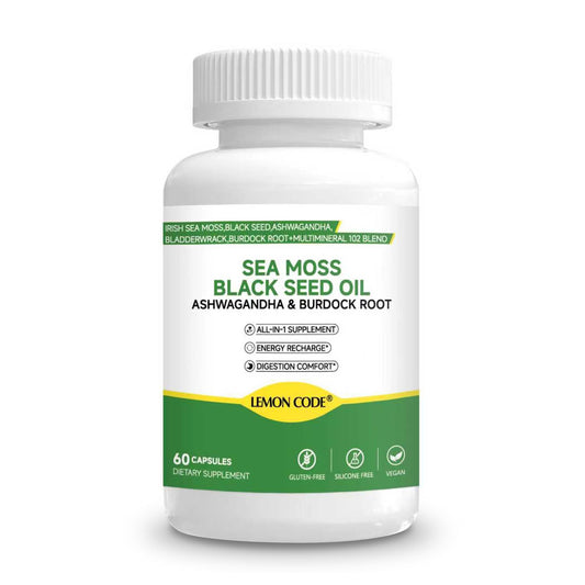 LEMON CODE Sea Moss & Black Seed Oil Capsules with Burdock & Bladderwrack & Ashwagandha, Vitamin C&D,Natural Herbal Complex for Daily Balance, Energy & Digestive Support, Vegan, Non-GMO, 60 Capsules LEMON CODEBuy Supplements Australia