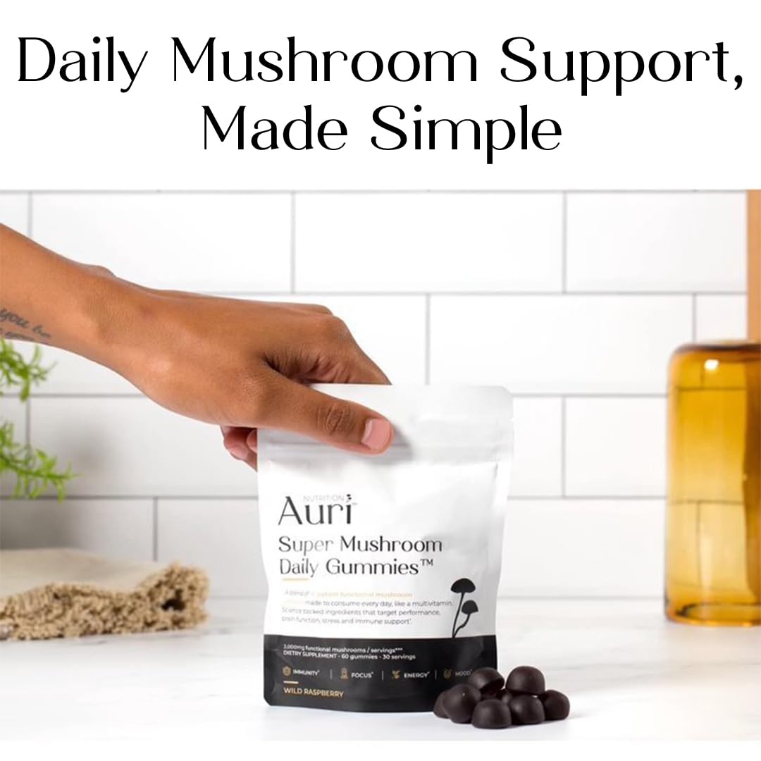 Auri Nutrition Super Mushroom Daily Gummies – All-in-One Functional Gummy with 12 Mushroom Blend Including Lion’s Mane