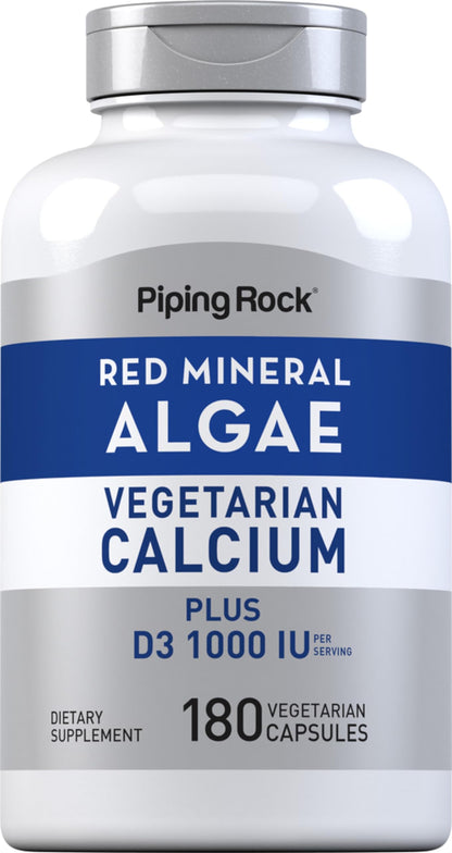 Piping Rock Red Mineral Algae | Vegetarian Calcium | 180 Capsules | Plant Based Plus Trace Minerals | Plus D3 1000 IU | Non-GMO, Gluten Free Supplement