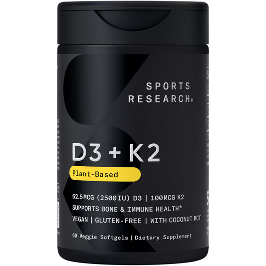 Sports Research® Vitamin D3 + K2 w/Coconut Oil - Vegan Vitamin D 2500iu (62.5mcg) & Mk7 Vitamin K 100mcg for Bone & Immune Support - Vegan Certified · Non-GMO · Soy Free - 60 Softgels Sports Research buy supplements Au