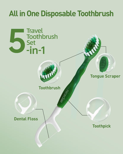 nicedae Disposable Mini Travel Toothbrush Bulk with Toothpaste 5in1 60Ct Portable Toothbrushes Set Floss Pick Tongue Scraper Cruise