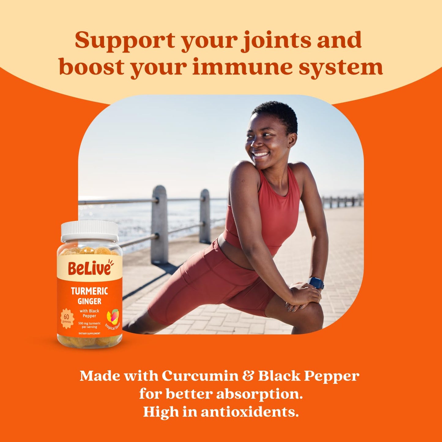 BeLive Turmeric and Ginger Gummies - 500mg - Joint and Mobility Support Supplement - Curcumin with Black Pepper for Enhanced Absorption