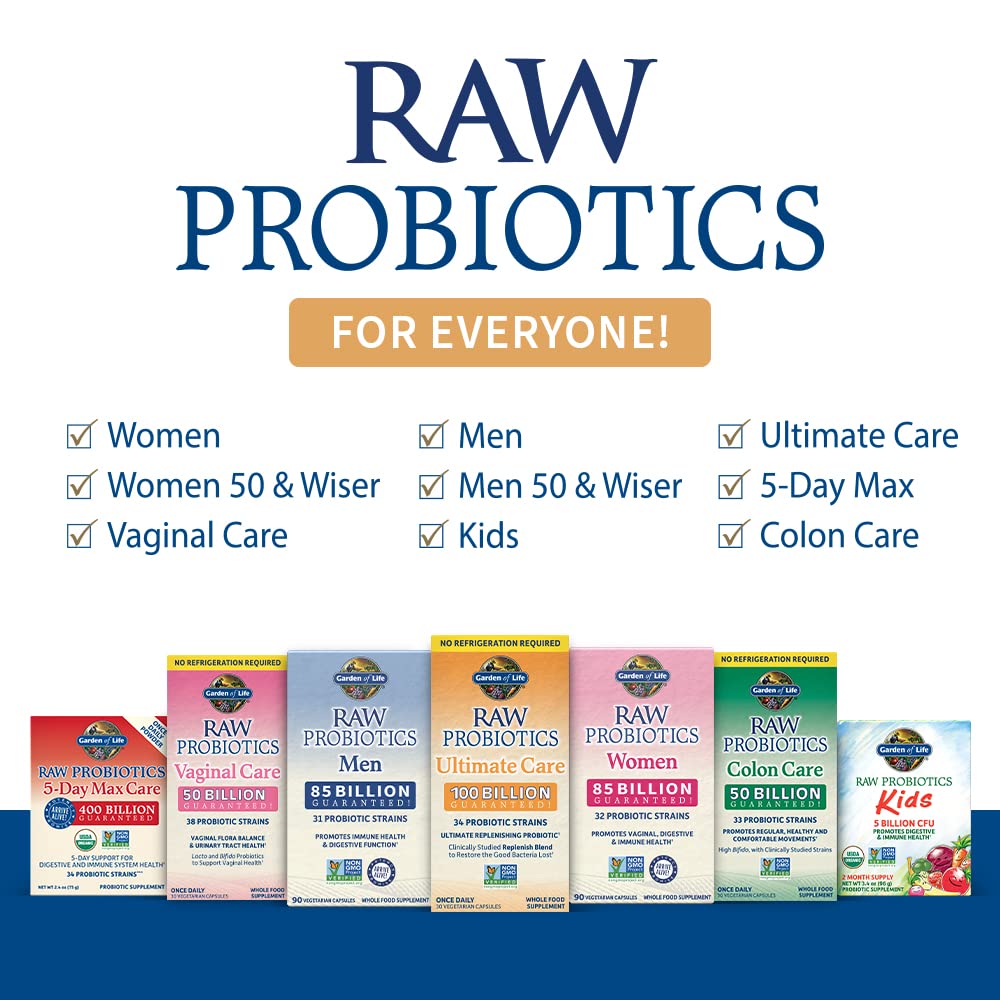 Garden of Life Probiotics for Women and Men - Raw Probiotics Colon Care 50 Billion CFU and Enzymes, Shelf Stable Once Daily Acidophilus Probiotic for Regularity