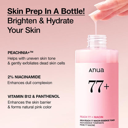 Anua Peach 77 Niacin Essence Toner, Gentle Exfoliating & Radiant Facial Essence, Hydrating & Soothing Toner, Niacinamide, Ceramide, Panthenol